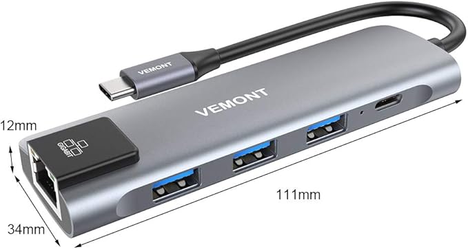 VEMONT USB C hub,5 in1 USB-C hub, Type-c multiport Adapter with Gigabit Ethernet, 3 USB 3.0 hub for Data, 100W Power Delivery, USB c hub for Laptop MacBook/ipad, and Other USB C Devices-DeskoryOffice