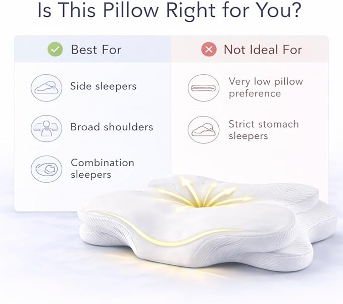 Butterfly Cervical Pillow for Side Sleepers, Dual Height Neck Support Pillow (4.7”/3.9”), Ergonomic Memory Foam Pillow for Shoulder Support, Washable Cove