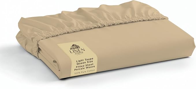 Linen Home 100% Cotton Percale Weave Fitted Sheet, Queen Size, Light Taupe by LINENHOME