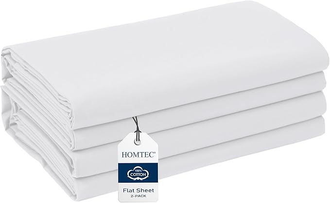 California King Size Flat Sheet 2 Pack, 100% Cotton Percale Flat Bed Sheet by HOMTEC