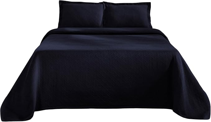 Superior 2 Piece Basketweave Cotton Bedspread Set, Home Bed Decor, Decorative Bed Spread, 1 Pillow Sham, Medium Weight Blanket, Matelasse Coverlet Bedding, Geometric Lattice Pattern, Twin, Navy Blue