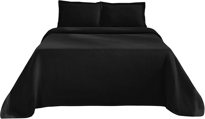 Superior 3 Piece Basketweave Cotton Bedspread Set, Home Bed Decor, Decorative Bed Spread, 2 Pillow Shams, Medium Weight Blanket, Matelasse Coverlet Bedding, Geometric Lattice Pattern, Full, Black