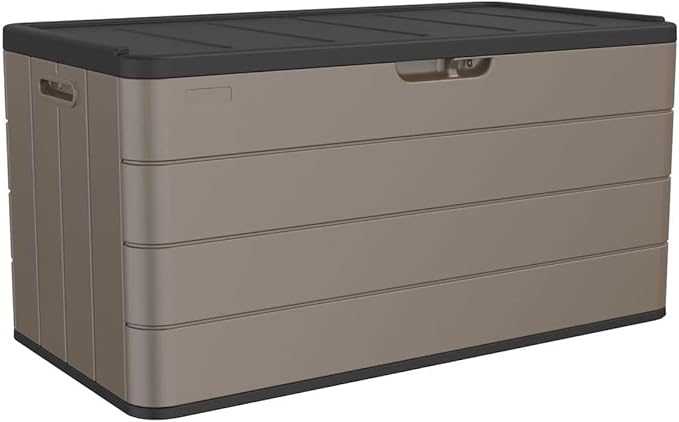 100 Gallon Plus Resin Deck Box, Waterproof Outdoor Storage Bin for Patio Furniture, Pool Accessories, and Garden Tools, Lockable & UV-Resistant, Brown-DeskoryOffice