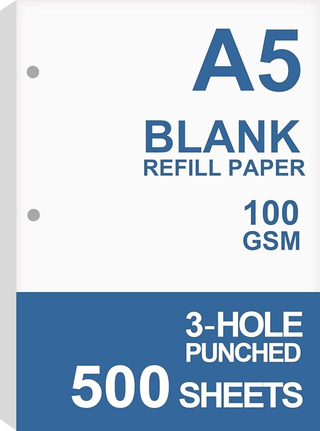 (5-Pack) A5 Filler Paper, 3 Hole Planner Refills, Organizer, Loose-leaf Binder Paper, Total 500 Sheets/1000 Pages, 100gsm, Blank, White Paper, 5.8 x 8.2 Inch, 3 Hole Filler Paper-DeskoryOffice