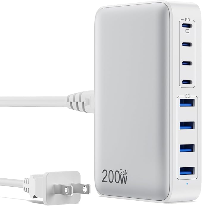 USB C Charger 200W USB C Charger Block,Upgraded GaN III 8-Port Fast Charging Station Hub,PD 65W Laptop Charging Adapter Compatible with MacBook Pro/Air,DELL,Steam Deck,iPhone 16/15/14,Galaxy S23/22-DeskoryOffice