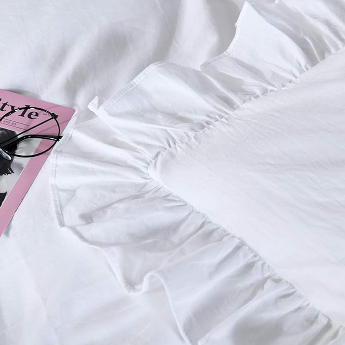 QSH White Shabby Ruffle Duvet Cover Full Size, Washed Cotton Farmhouse Boho - Image 2