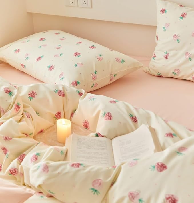 Nayoroom Strawberry Duvet Cover Set King Size Girls Cute Pink Strawberries - Image 4