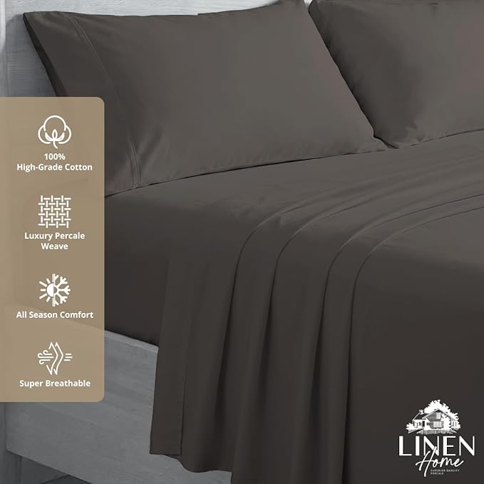 Linen Home 100% Cotton Percale Sheets King Size, Smoky Charcoal, Deep Pocket - Image 3