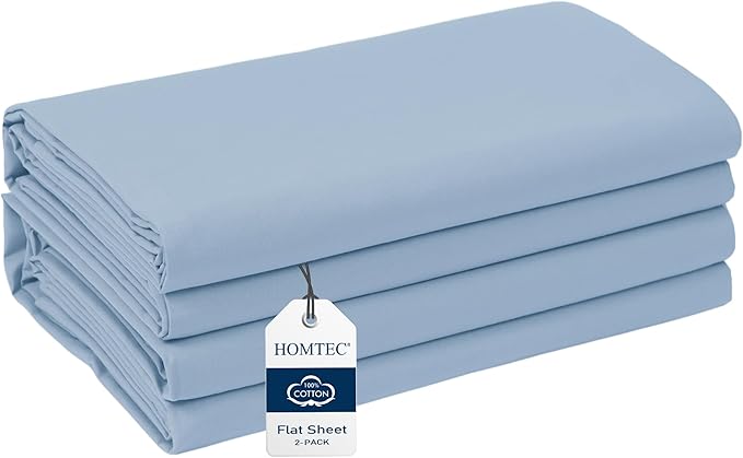 California King Size Flat Sheet 2 Pack, 100% Cotton Percale Flat Bed Sheet by HOMTEC