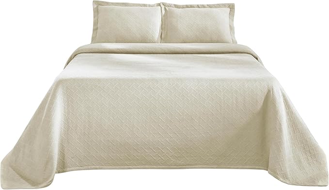 Superior 3 Piece Basketweave Cotton Bedspread Set, Home Bed Decor, Decorative Bed Spread, 2 Pillow Shams, Medium Weight Blanket, Matelasse Coverlet Bedding, Geometric Lattice Pattern, Queen, Ivory
