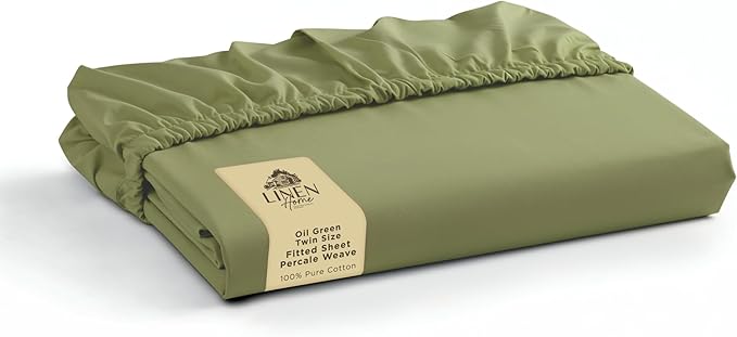 Linen Home 100% Cotton Percale Weave Fitted Sheet, Twin Size, Oil Green by LINENHOME