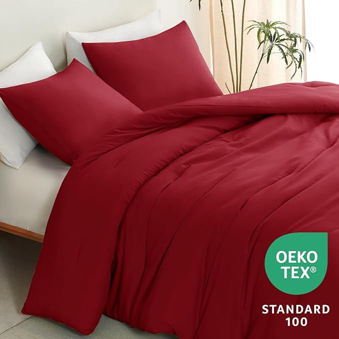 CozyLux King Size Comforter Set Dark Red, 3 Pieces Solid Comforters King Size - Image 4