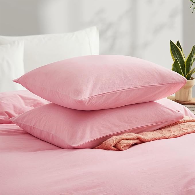 LOVQUE Pink Duvet Cover Full Size, 100% Washed Cotton Linen Like Bedding Set - Image 3