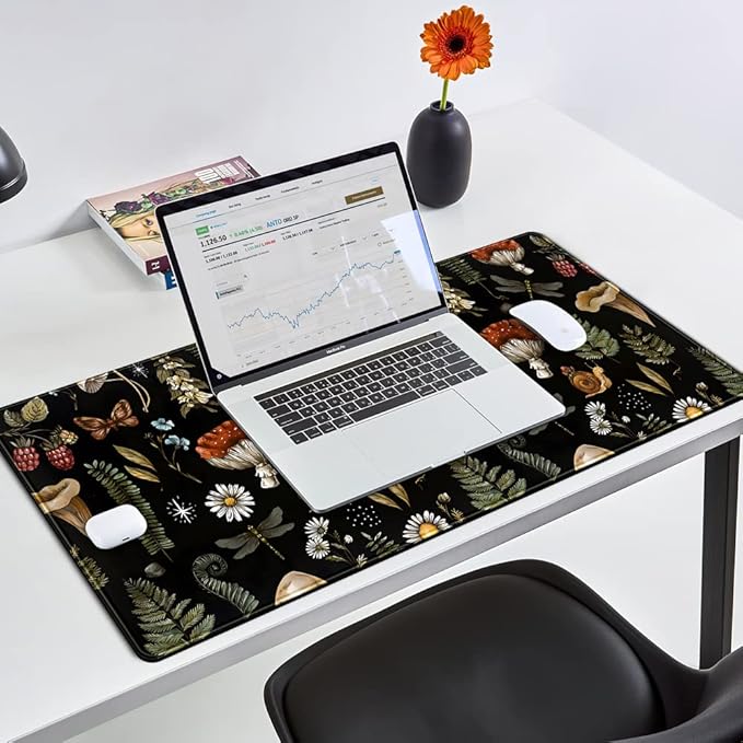 Black Mouse Pad Cottage Core Aesthetic Mouse Pads Mushroom Desk Pad Vintage Mouse Pad Forest Magic Nature Large Desk Pad Ergonomic Mouse Pads with Stitched Edges Non-Slip Computer Mat 31.5x15.7 in-DeskoryOffice