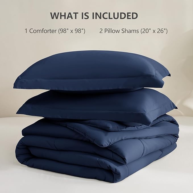 CozyLux Oversized Queen Comforter Set, 3 Pieces Navy Blue 98x98 Box Stitched - Image 6