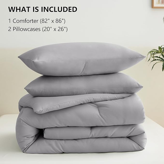 CozyLux Full Size Comforter Set Grey, 3 Pieces Solid Breathable Quilted Bedding - Image 6