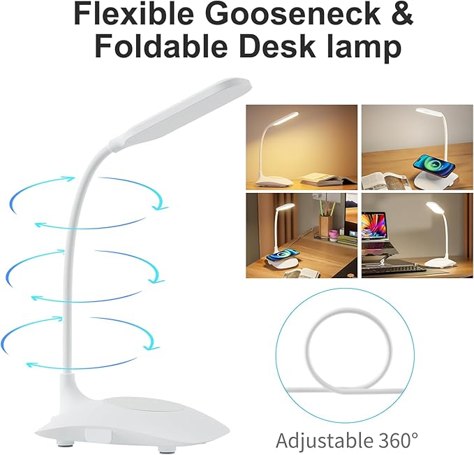 LED Desk Lamp Wireless Charging Desk Lamp with Touch Control Dimmable Office Desk Light Eye-Caring Office Lamp with Adjustable Gooseneck Table Lamp, Reading Lamp Table Lamp for Bedroom Bedside Study-DeskoryOffice