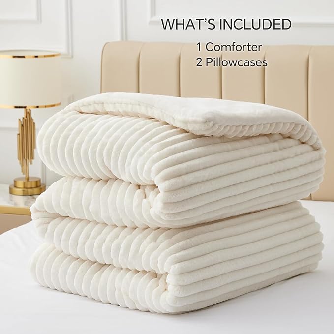 BEDELITE Fleece Oversized Queen Comforter Set -Super Soft & Warm Fluffy Cream - Image 6
