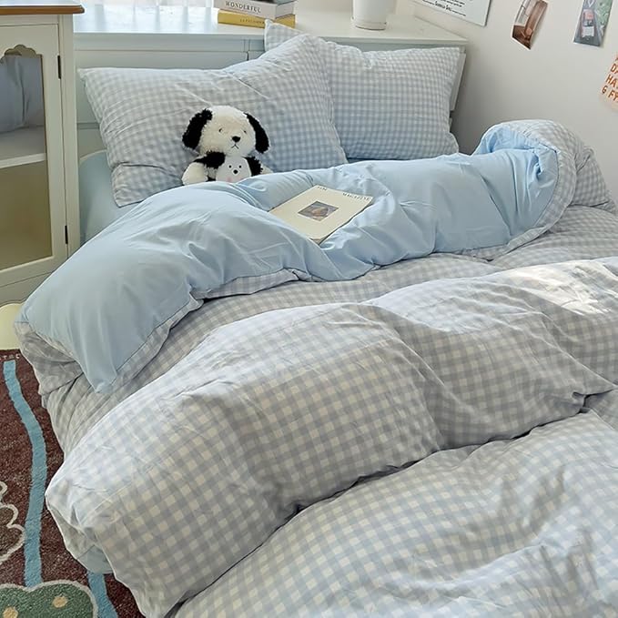 Nayoroom Blue Gingham Duvet Cover Queen Size Reversible Plaid Checkered Duvet - Image 3