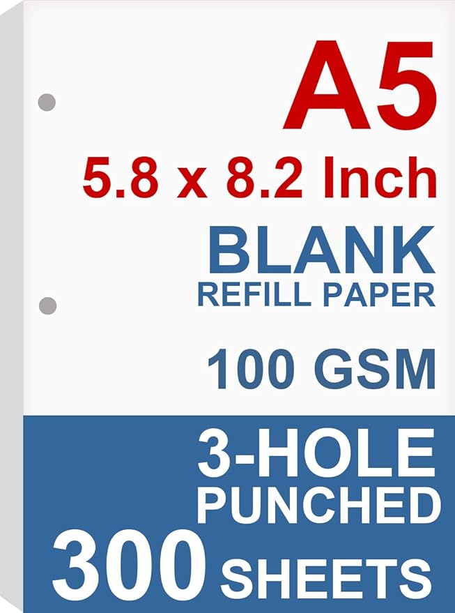 (3-Pack) A5 Filler Paper, 3 Hole Planner Refills, Organizer, Loose-leaf Binder Paper, Total 300 Sheets/600 Pages, 100gsm, Blank, White Paper, 5.8 x 8.2 Inch, 3 Hole Filler Paper, Mini Binder Refills-DeskoryOffice