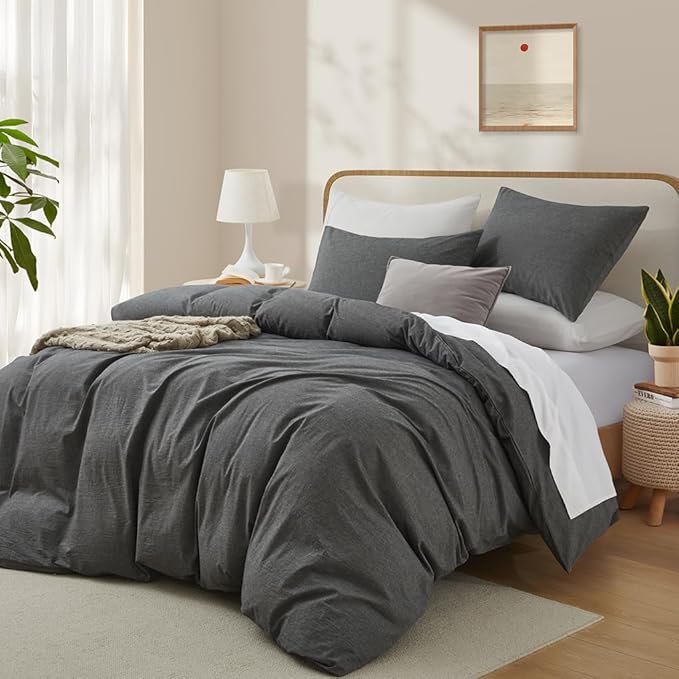 LOVQUE 100% Washed Cotton Duvet Cover Queen Size, 90x90 Inches - Image 2
