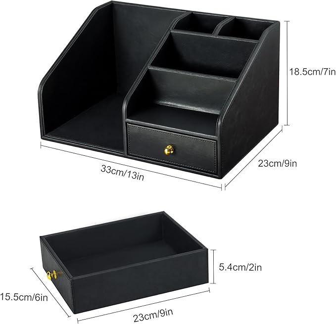 KINGFOM PU Leather Desk Organizer, Multifunction 6 Compartment Desk Organizers and Accessories for Office Supplies, Pen Pencil Holder/Book Mail Organizer Holder for Desk with Drawer(Black)-DeskoryOffice