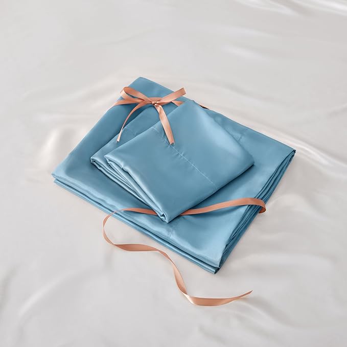 BEDELITE Satin Sheets Queen Size Bed Set, Luxury Soft Airy Blue Silky Sheets - Image 7