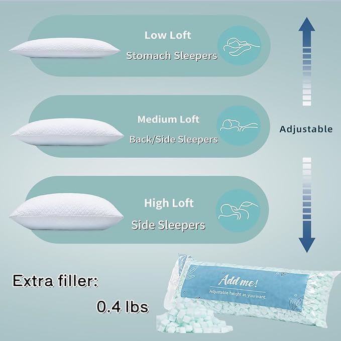 Rainmr Queen Size Bed Pillow for Sleeping Shredded Memory Foam Adjustable Loft - Image 8