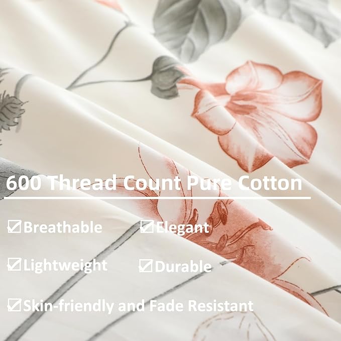 OAITE Duvet Cover Set Queen Size Floral Pattern 600 Thread Count Ultra Soft - Image 4