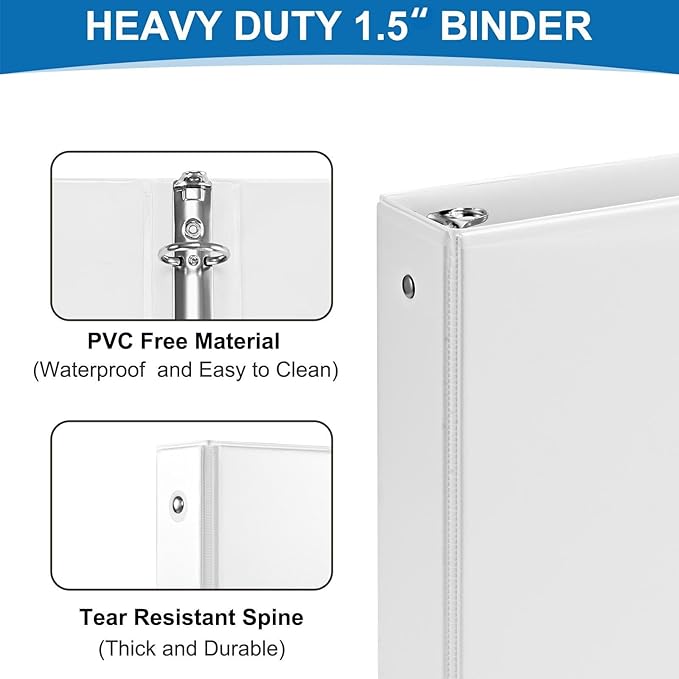 1.5 Inch 3 Ring Binder, 1-1/2“ Binder with 2 Interior Pockets, Durable White View Binders, Clear View Cover, Holds up to 325 Sheets US Letter Size, Perfect for Office/Home/School.（6 Pack）-DeskoryOffice