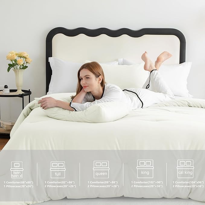CozyLux Queen Comforter Set Ivory, 3 Pieces Solid Comforters Queen Size - Image 7