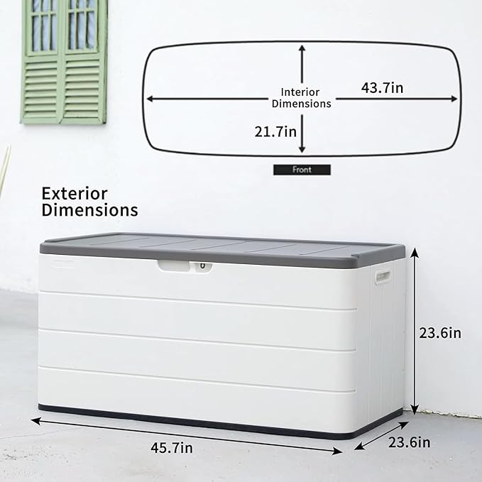 100 Gallon Plus Resin Deck Box, Waterproof Outdoor Storage Bin for Patio Furniture, Pool Accessories, and Garden Tools, Lockable & UV-Resistant, White-DeskoryOffice