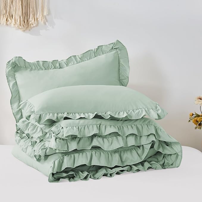 FUANNA King Size Comforter Set Sage Green, 3 Pieces Ruffle King Bedding Set - Image 9