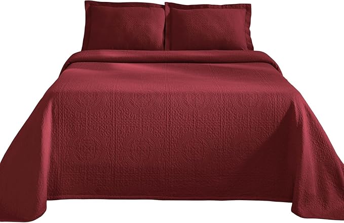 Superior 3 Piece Basketweave Cotton Bedspread Set, Home Bed Decor, Decorative Bed Spread, 2 Pillow Shams, Medium Weight Blanket, Matelasse Coverlet Bedding, Geometric Lattice Pattern, King, Garnet