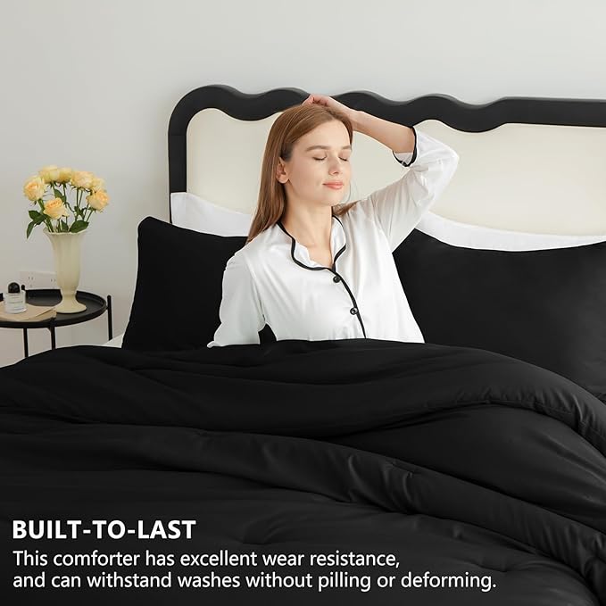 CozyLux King Size Comforter Set Black, 3 Pieces Solid Comforters King Size - Image 2
