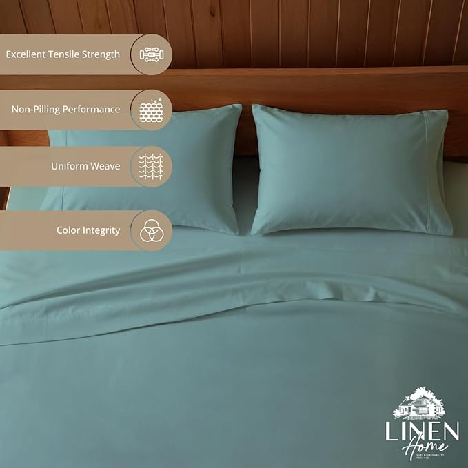 Linen Home 100% Cotton Percale Sheets Queen Size, Aqua Blue, Deep Pocket - Image 2