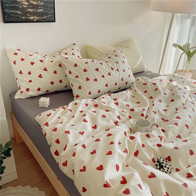 Nayoroom Heart Duvet Cover Twin Size Cute Red Love Heart Printed on White - Image 3