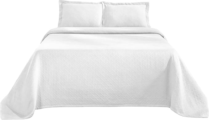 Superior 3 Piece Basketweave Cotton Bedspread Set, Home Bed Decor, Decorative Bed Spread, 2 Pillow Shams, Medium Weight Blanket, Matelasse Coverlet Bedding, Geometric Lattice Pattern, Full, White