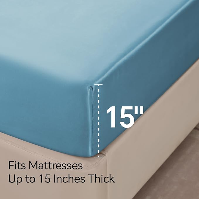 BEDELITE King Size Sheets Set, Luxury Soft Airy Blue Satin Sheets - Image 6