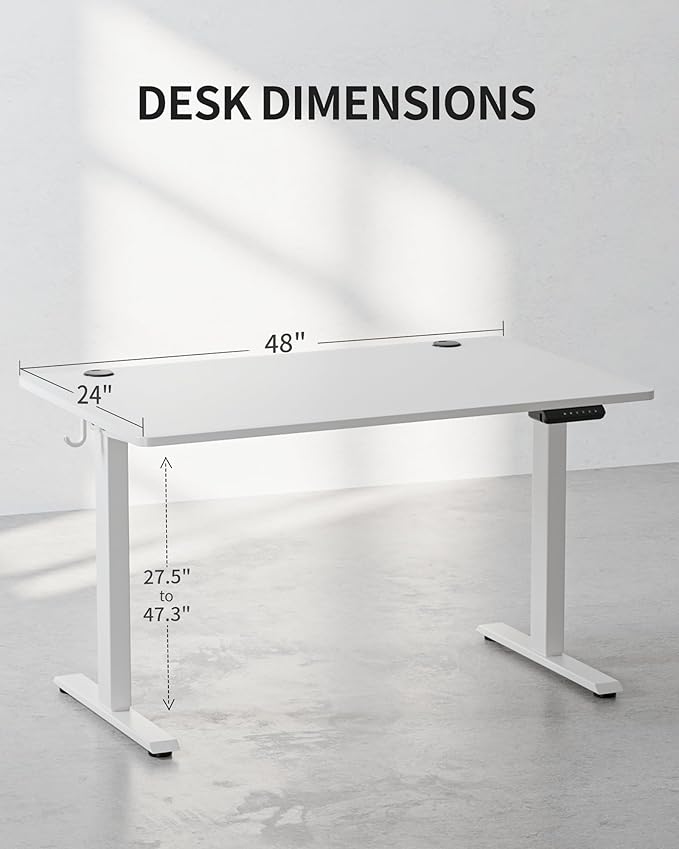 FEZIBO One-Piece Standing Desk Adjustable Height Stand up Home Office Desk, 48x24 Inch Electric Standing Computer Desk, with 4 Memory Presets, Fixable casters, White-DeskoryOffice