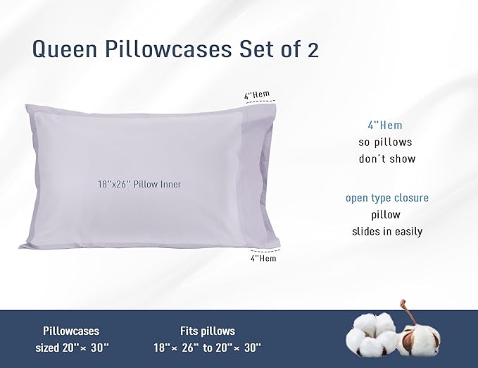 Pillow Cases, Standard Queen Size Cotton Percale Weave Pillowcases, Pre-Shrunk - Image 3