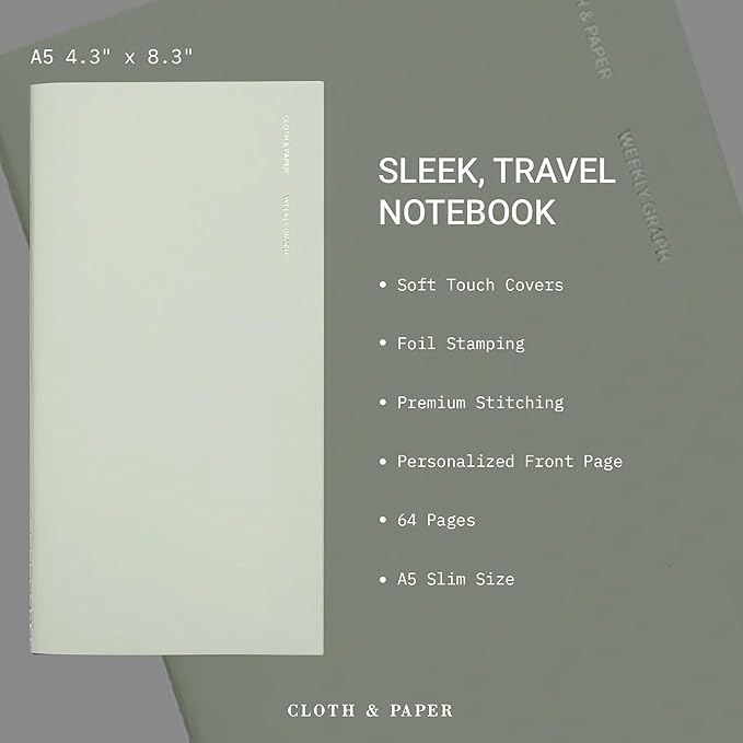 Cloth & Paper Travel Notebook | Weekly Planner Graph – Matcha | A5 Slim Weekly - Image 3