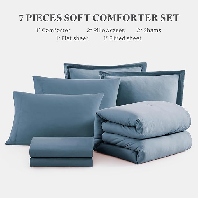 WRENSONGE Full Size Comforter Sets, 7 Pieces Oxford Blue Bed in a Bag - Image 8