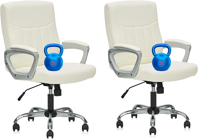 CLATINA Office Computer Desk Chair Executive Mid Back Chair Comfortable Ergonomic Managerial Chair Adjustable PU Leather Home Office Desk Chair Swivel, White 2PK-DeskoryOffice