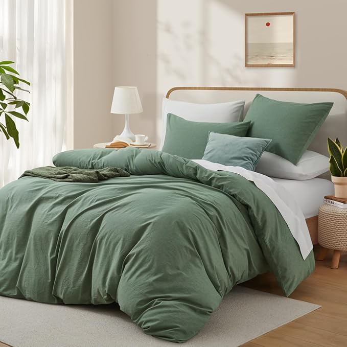 LOVQUE 100% Washed Cotton Duvet Cover King Size, Mint Green Fade-Resistant - Image 2