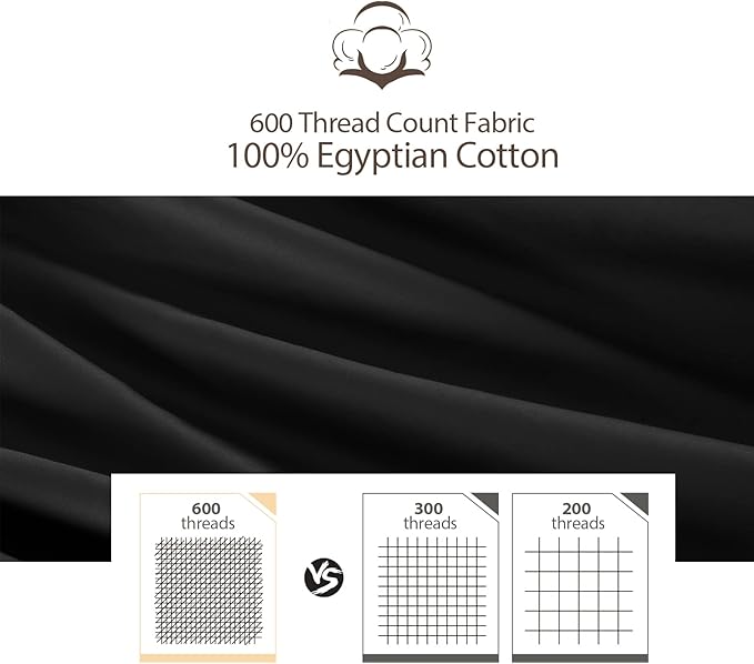 100% Egyptian Cotton Fitted Sheet Full Size Black, 600 Thread Count, 8-16" Deep - Image 3