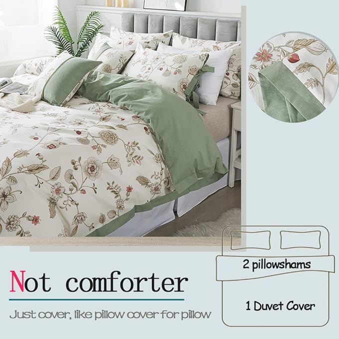 FADFAY Floral Bedding Set King/Cal King 100% Cotton Shabby and Chic Beige Green - Image 4