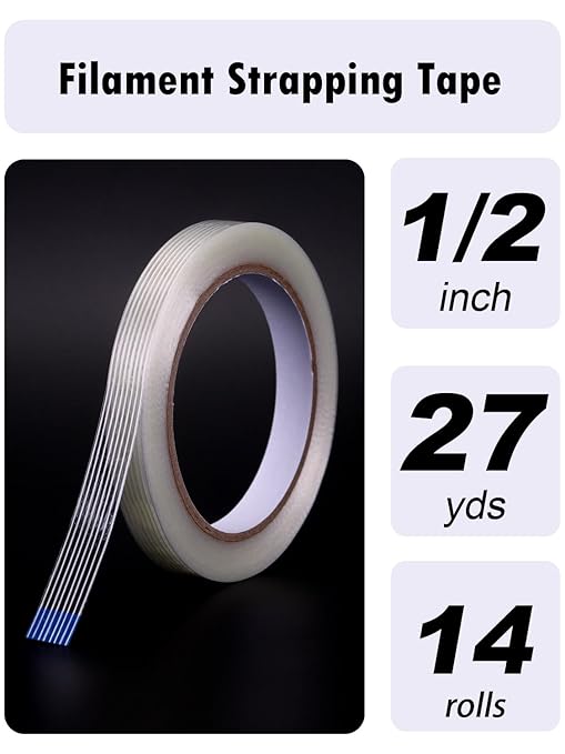 1/2 inch Mono Filament Strapping Tape, Heavy Duty Reinforced Filament Tape, Clear Fiberglass Reinforced Packing, (14 Rolls, 378yds Total)-DeskoryOffice