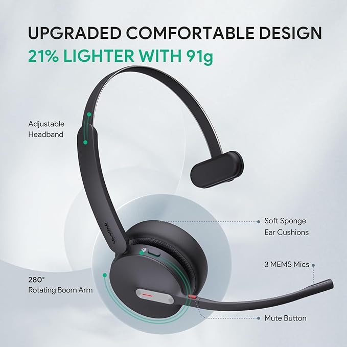 Yealink BH70 Mono Wireless Bluetooth Headset with Microphone for Work, up to 35h Talking Battery Life, 3-Mic Noise Cancellation, 91g Lightweight Microsoft Teams Certified Work Headsets for PC-DeskoryOffice