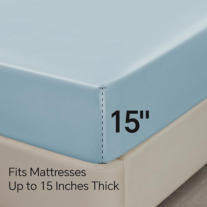 BEDELITE Satin Sheets Full Size Bed Set, Luxury Soft Light Blue Silky Sheet - Image 6